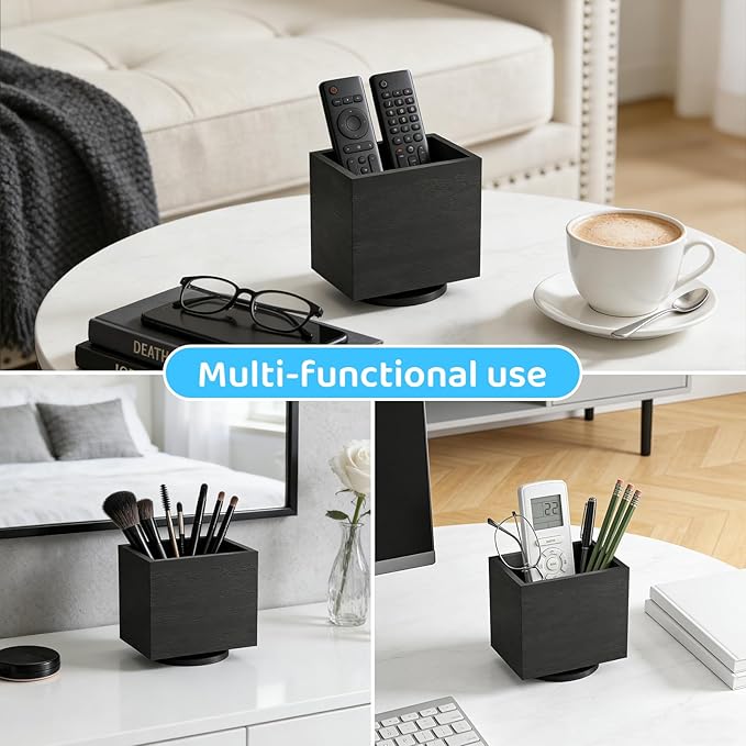 360° Rotating Remote Control Holder, Wooden TV Remote Holder for Table, Desk Organizer Caddy Media Storage Box Ideal for Living Room, Bedroom, Office Desk (Black)