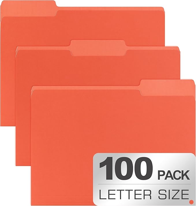 100 Packs Colored File Folders,1/3 Cut Tabs File Folder,Bright Orange File Folders,Manila File Folders,Two-Tone File Folder for Office School Business