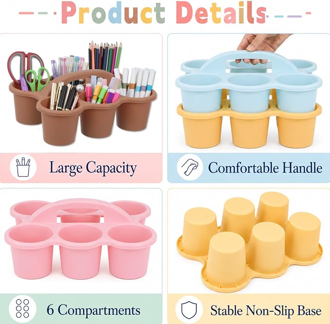 Plastic Caddy with Handle Set of 6 Classroom Caddy Organizer Cup Caddies Water Bottle Storage Crayon Caddies Plastic Cup Holder Drink Carrier for School Home Office Supplies(Groovy)