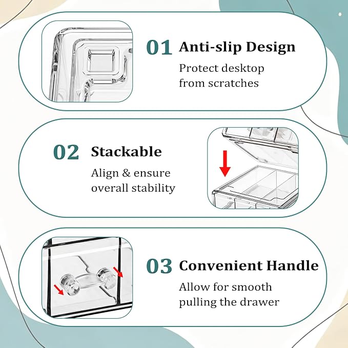 BTSKY Stackable Desk Organizer with 2 Layer Drawers, Clear Acrylic Drawer Organizer for Stationary Accessories, Medicine Cabinet, Vanity and Office Desk, Small Desktop Storage Box with 6 Grids