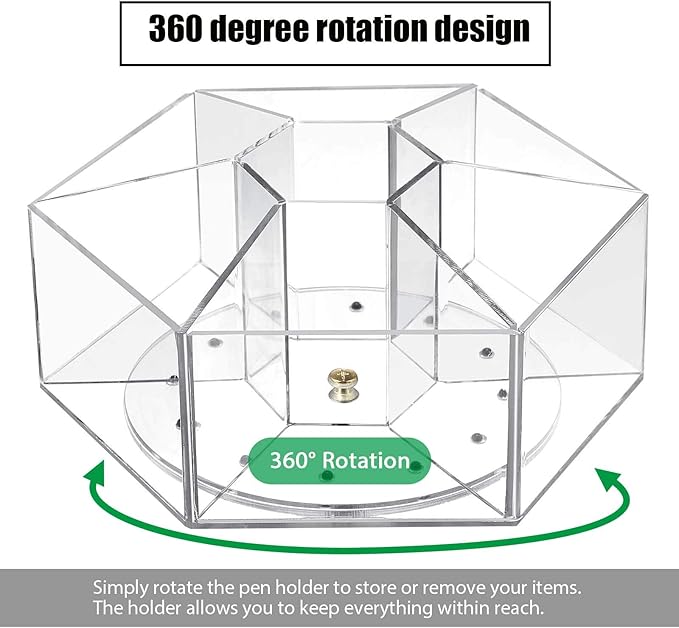 Zonon Acrylic Pen Holder Pencil Organizer 360 Degree Rotating Art Pencil Holder Organizer with 7 Compartments Acrylic Hexagon Pen Cup for Home Office Supplies(Clear)