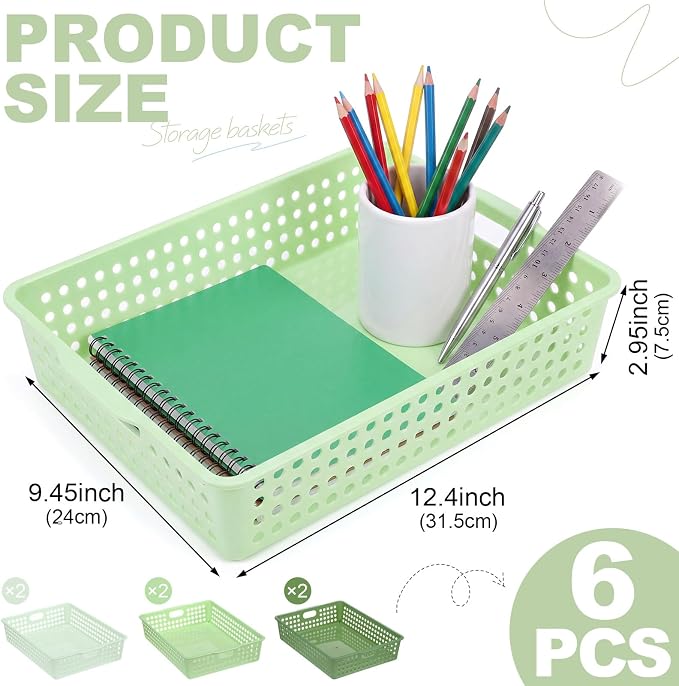 Green 6 Pack Plastic Classroom Paper Baskets, Turn in Trays, Organizing Desk Tray for A4 Papers, Classroom Storage Turn in Bins, for Teachers and Students, Office Desk Room Trays