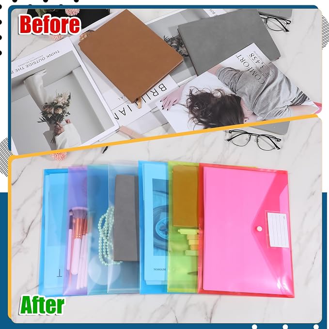 48pcs Plastic Envelopes Poly Envelopes Clear Envelope with Snap Button Closure A4 Letter Size Plastic Envelope Folder with Label Pocket for School Office Home Organizer Supplies, 8 Colors
