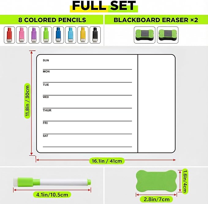 Li&Zhao Weekly Magnetic Menu Board for Refrigerator - 16x12 in Weekly Menu Board Fridge Calendar with 8 Color Markers - Magnetic Menu Board for Fridge for Meal Planning, Family Schedule Organizer