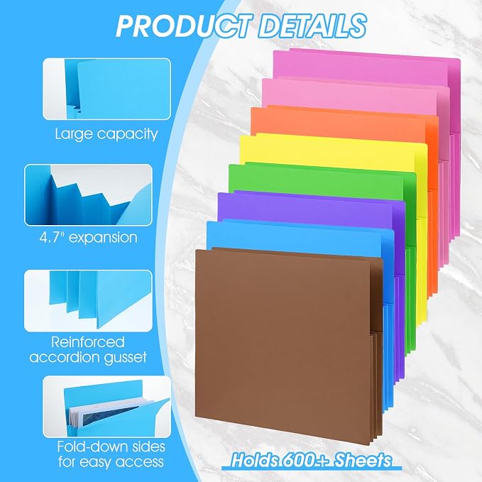 8 Pcs Expanding File Pockets, Letter Size, Accordion File Folders, 4.7 Inch Expandable Pockets, Assorted Colors