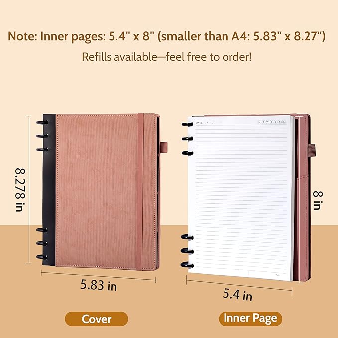 Yoment Refillable Notebooks for Work 5 Subject with Removable Dividers Tabs 224 Pages Hardcover Leather Journals for Writing Small Discbound Planner Colleged Ruled Paper for Women Men 6.1 x 8.3,Pink