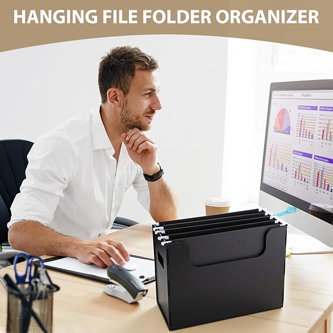 12 Pcs Portable Desktop File, Side Handles, Filing Organizer, Hanging File Folders, Letter Size for Schools Office Home (Black)