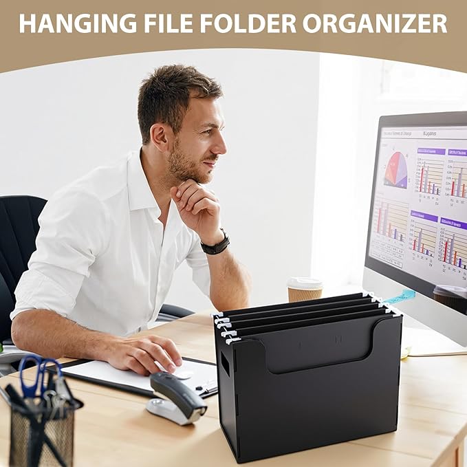 24 Portable Desktop File, Side Handles, Filing Organizer, Hanging File Folders, Letter Size for Schools Office Home (Black)