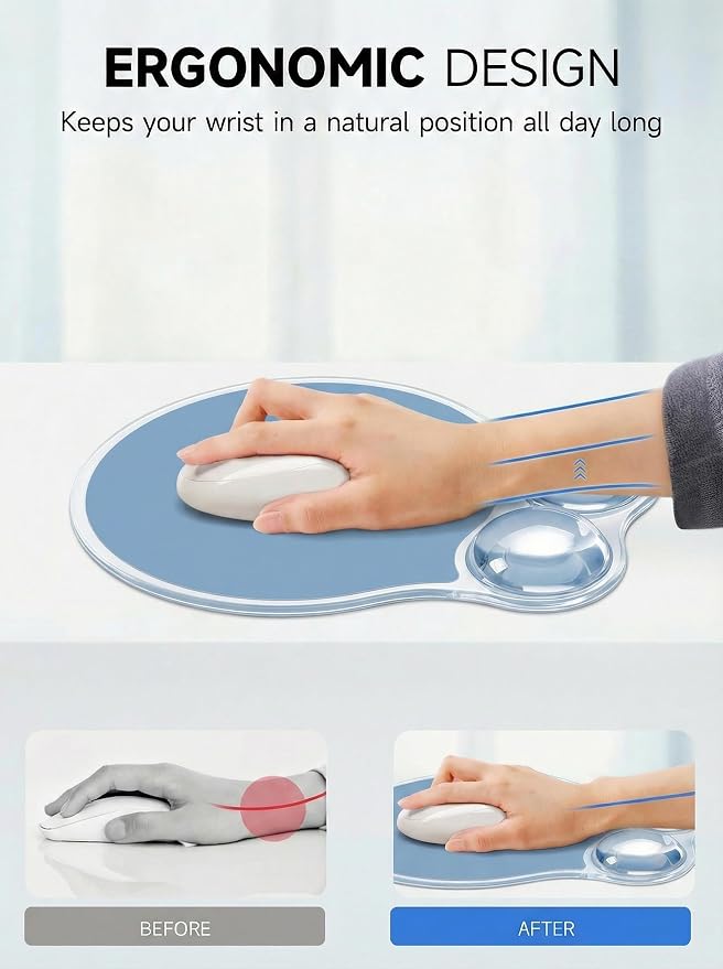 Ergonomic Gel Mouse Pad Wrist Rest Support for Desk, PU Base, Smooth Surface, Crystal Gel Cushion, Non-Slip Stability, Mousepad for Office/Home/Study Blue AMP-01
