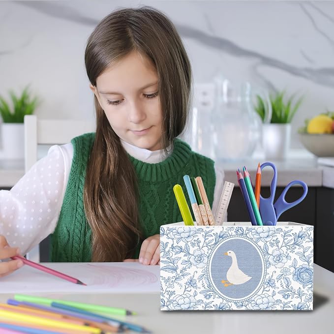 Goose Blue Chinoiserie Floral Pen Pencil Holder for Desk, Goose Nursery Decor, Vintage Blue Flower Geese Wooden Box Sign Desk Decor for Kids Girls Room Nursery Playroom Decoration