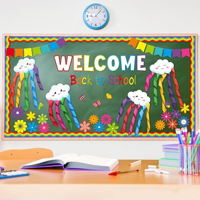 3D Back to School Bulletin Board Set Welcome Rainbow Classroom Decorations Classroom Flower Paper Cutouts for Cloud Paper Streamers Chalkboard Wall Door Decor Teacher Supplies