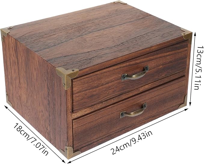 Alipis 2 Drawer Wooden Desktop Organizer - Vintage Style Storage Cabinet for Office Supplies Jewelry and Cosmetics Compact 9.44X7.08X5.11 Inch