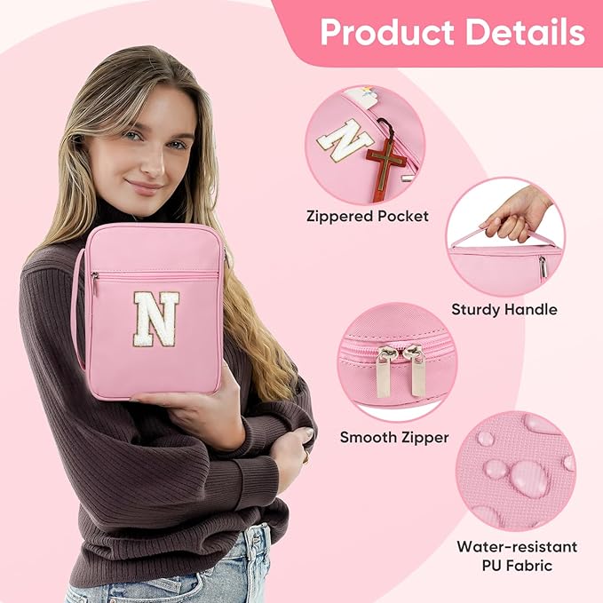 Bible Covers for Girls, Fruobeyla Pink Bible Cases for Woman PU Leather Bibles Carrying Case for Women, Large Bibles Tote Bags with Handle and Zippered Pocket for Kids, Pink (Letter N)