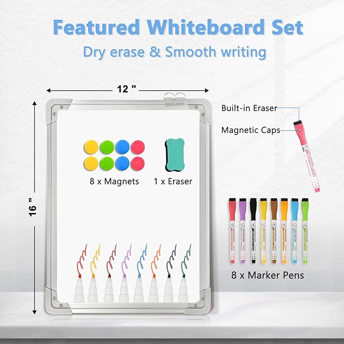 Double-Sided White Board, 16" x 12" Dry Erase Board Small Whiteboard for Wall Magnetic Hanging White Board Dry Erase for College Dorm Room, School, Home, Office