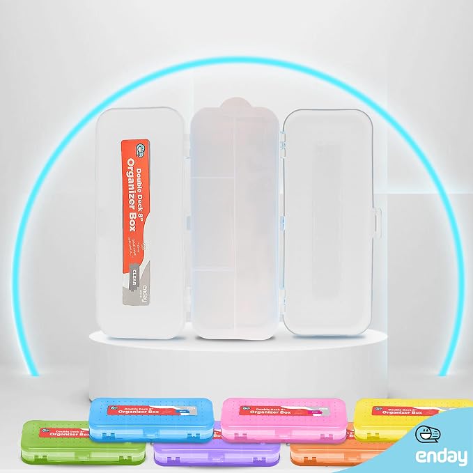 Enday Pencil Box Clear, Plastic Double Deck Pencil Case with 7 Compartments, Box Organizer with Snap Closure for Home and Office