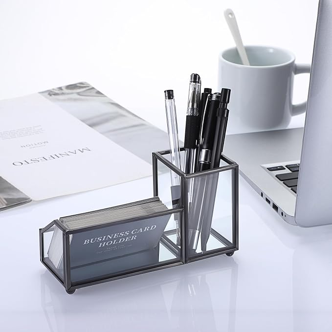 Hipiwe Glass Business Card Holder Metal Pen Pencil Storage Holder for Desk Clear Business Card Display Organizer Case for Office Home,2 Slots,Black