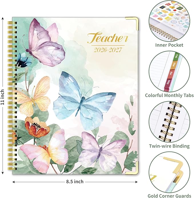 Teacher Planner 2026-2027, July 2026 to June 2027 Academic Year, 8.5" x 11" Lesson Planner Book for Teachers with Colorful Tabs, Teacher Calendar for Classroom or Homeschool, Hardcover, Butterfly