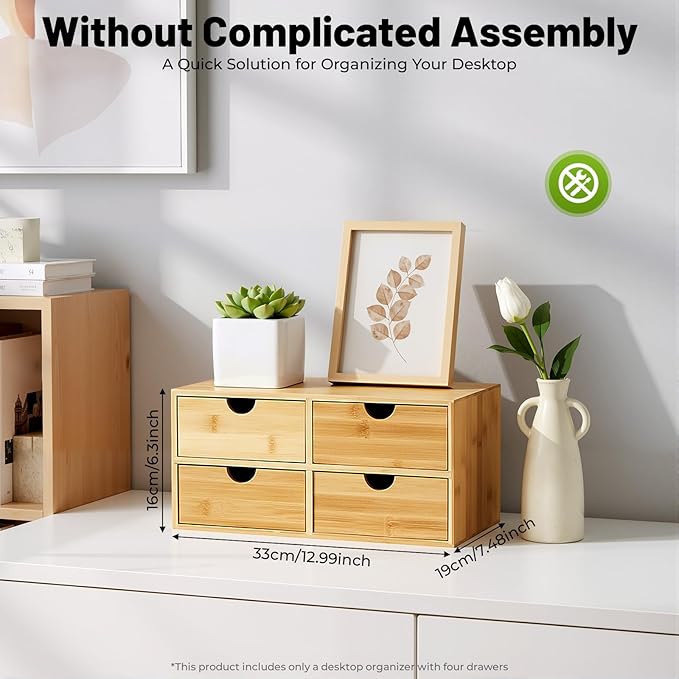 Desk Organizer, Office Vanity Bamboo Desk Organizer, Mini Bamboo Desk Drawer Tabletop Storage Box with 4 Drawer Night Stand Table Organizer for Makeup Vanity Office Supplies (4 Drawer)
