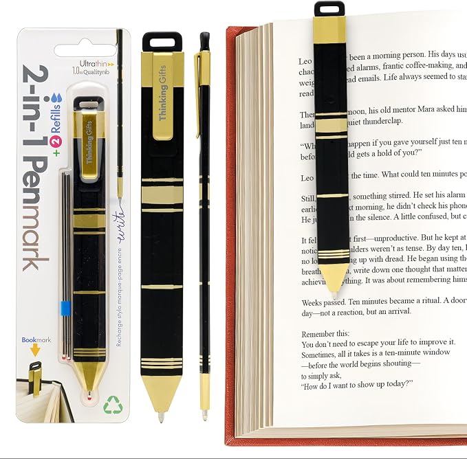Gifts for Readers & Writers Pen Bookmark, Page Marker & Flat Writing Pen for Journal Notebook & Planner, Penmark Reading Accessory for Making Book Annotations, Black & Gold