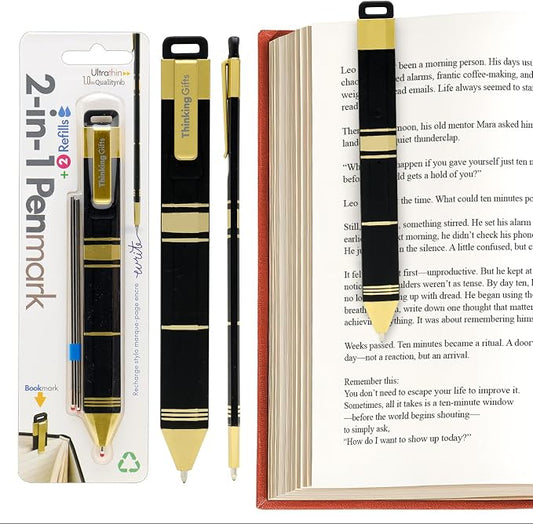 Gifts for Readers & Writers Pen Bookmark, Page Marker & Flat Writing Pen for Journal Notebook & Planner, Penmark Reading Accessory for Making Book Annotations, Black & Gold