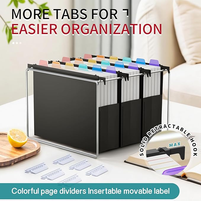 Uquelic Plastic Hanging File Folders Letter Size, 6 Pack Reinforced Heavy Duty Hang Folder with Movable Bright Dividers, Adjustable Tabs, 4" File Organizer for Filing Cabinet, School, Office