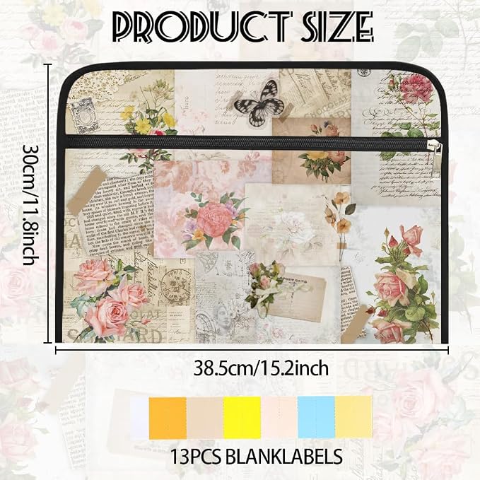 WEBEEDY Vintage Flower Expanding File Folder with 13 Pockets, Labels and Zipper, Retro Poster Collage Prints Accordion File Organizer Portable Document Organiser for A4 Paper Receipt Paperwork Office
