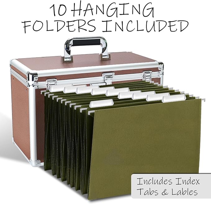 File Storage Cabinet for Legal Size Hanging File Folders, Suspension File Holder, Document Organizer Filing Lockbox in Office and Home with Combination Lock and 10-pack Hanging Files (Coffee, Legal)