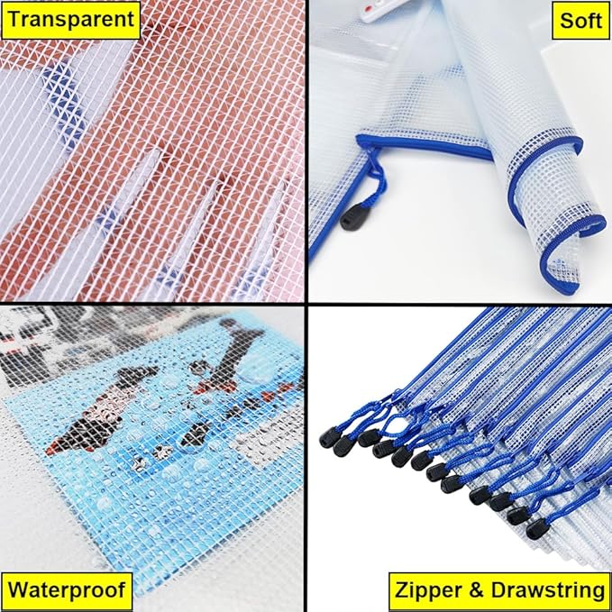 AUSTARK 10 Pcs Zipper File Bags, Waterproof Plastic Mesh Pouch for Office School, Board Game Storage Bags (A5 Size 9.2''x6.7'', White and Blue)