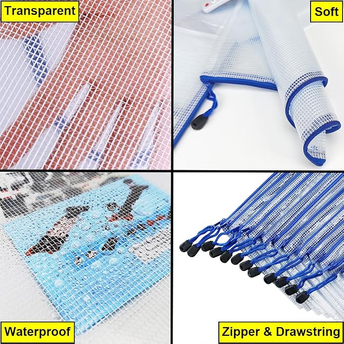 10 Pcs Zipper File Bags, Waterproof Plastic Mesh Pouch for Office School, Board Game Storage Bags (B6 Size 7.6''x5.3'', White and Blue)