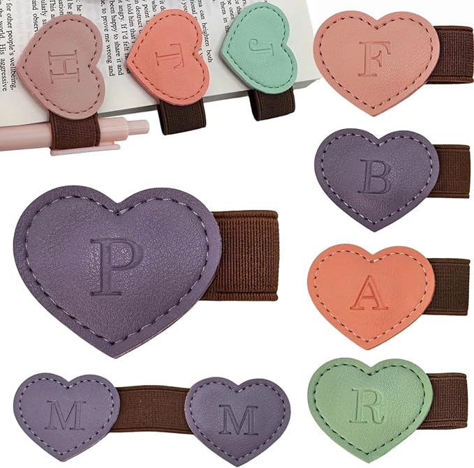 Personalized Magnetic Leather Heart Bookmark with Pen Holder - 26 Letters Custom Book Mark Notebook Pencil Loop with Initial Book Marker for Readers, Book Lovers- Gifts for Women Men(Purple,P)
