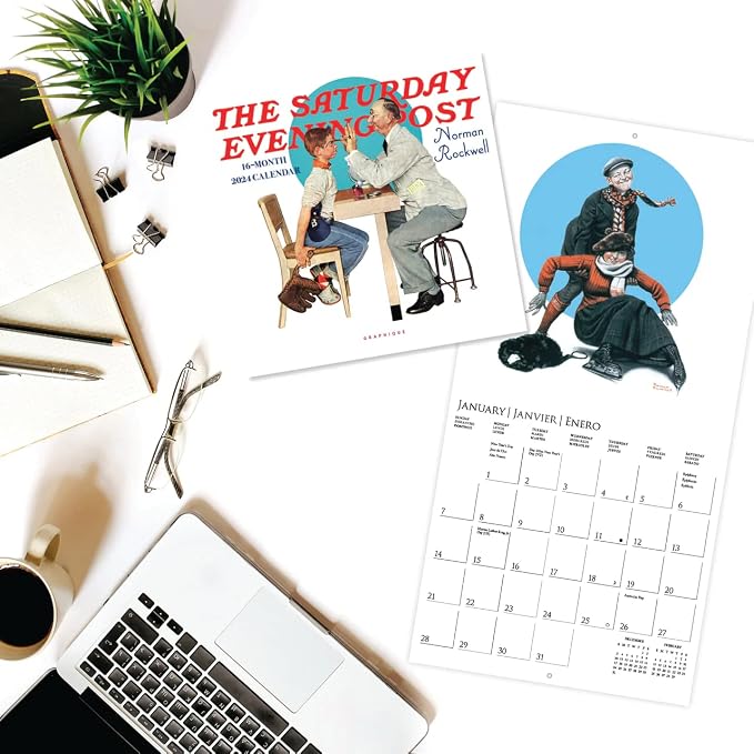 Graphique 2024 Saturday Evening Post Mini Wall Calendar | 7” x 7” | Thick Paper | Home & Office Organizer | Large Monthly Grid | 3 Languages & Marked Holidays | 4 Month Preview Page for 2025