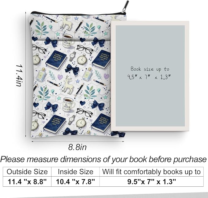 Cute Stationery Pattern Book Sleeve, Book Lovers Gifts Sleeve with Zipper & Front Pocket, 11.4x8.8 Inch Canvas Books Cover Protector Bookish Gifts for Readers Librarian Women Teacher