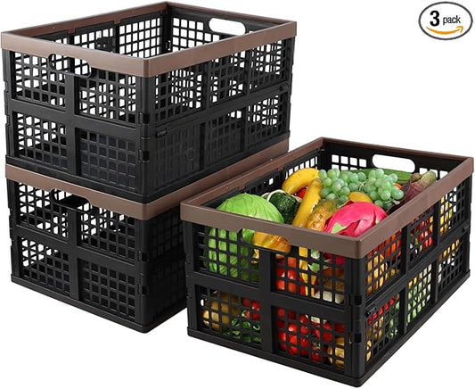 42 L Large Folding Utility Crates Plastic, 3 Packs Stackable Storage Bins, Collapsible Milk Crate