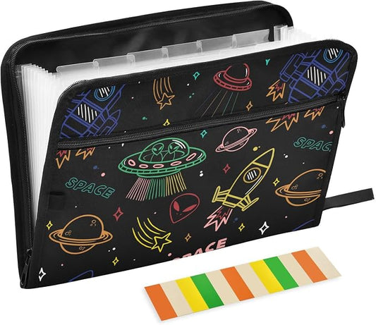 13 Pockets Expanding File Folder UFO Aliens Spaceship Colorful with Sticky Labels Accordion File Folder Document Organizer Letter Size A4 Papers Expandable File Keeper