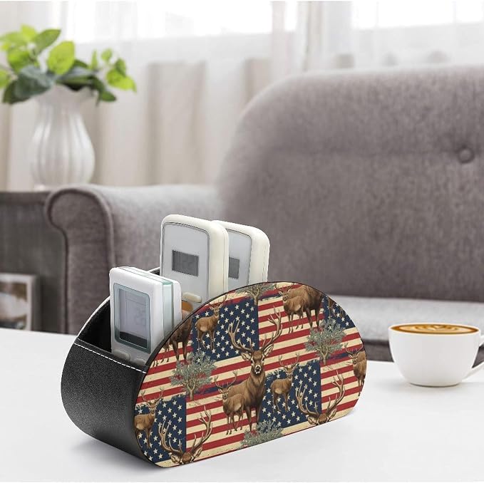 PU Leather Remote Storage Box, 5-Compartment Desk Organizer for Media Controllers, Office Supplies, and Home, American Flag Deers