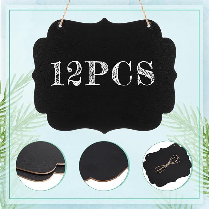 Qilery 12 Pieces 8 x 10 Inch Double Sided Hanging Chalkboard Signs Back to School Bulk Hanging Signs Message Board Black Wooden Chalkboard for Kitchen Wedding Party Decorations (Vintage)