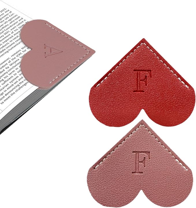 2Pcs Personalized Leather Heart Bookmark with Initial, 26 Letters Custom Corner Page Book Mark for Reading Women, Book Lovers, Teachers, Students, Cute Book Accessories Gifts(Red+Dark Pink, F)