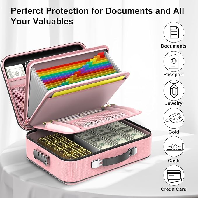 COLCASE Fireproof Document Organizer with Lock, Hard Fireproof Document Box | Hard-Shell Fireproof Waterproof Document Box with Combination Lock Pink