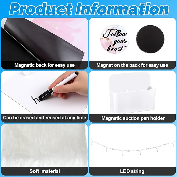 Timgle 13 Pcs School Locker Organizer and Decorating Kit Pink Marble Magnetic Wallpaper Whiteboard Magnetic Cup Mirror Marker Magnets Faux Fur Cushion String Lights for Back to School Supplies