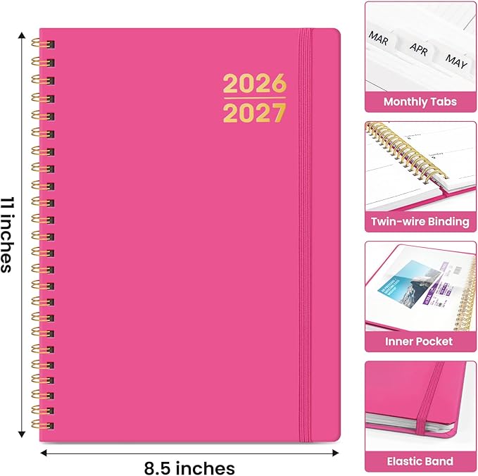 Planner 2026-2027 for Women & Men, Academic Monthly and Weekly Calendar Planner, Jul 2026 - Jun 2027, A4 (8.5" x 11"), Teacher Student Planning Book with Tabs, Ideal for Office School Supplies - Berry Pink
