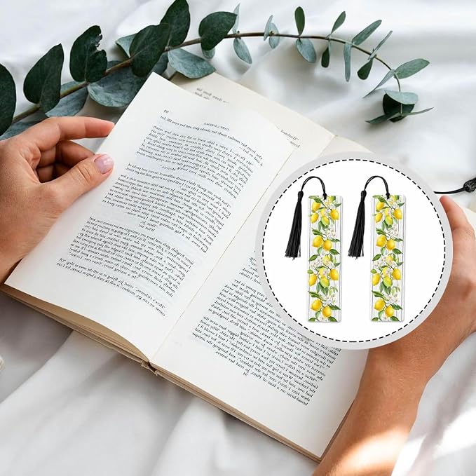 Lemon Bookmarks 5 Pcs Yellow Fruits Green Leaves Summer Wooden Bookmark with Tassels for Reading Book Lovers Gift Office School Readers Teacher