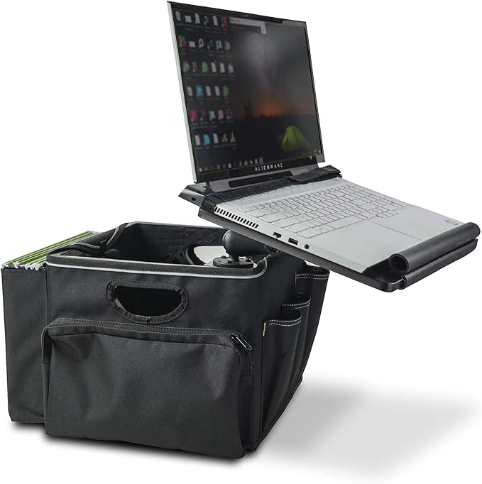 AutoExec Milk Crate Vehicle and Mobile Office Work Station with Apron Organizer, Laptop Tray and 400 watt Power Inverter