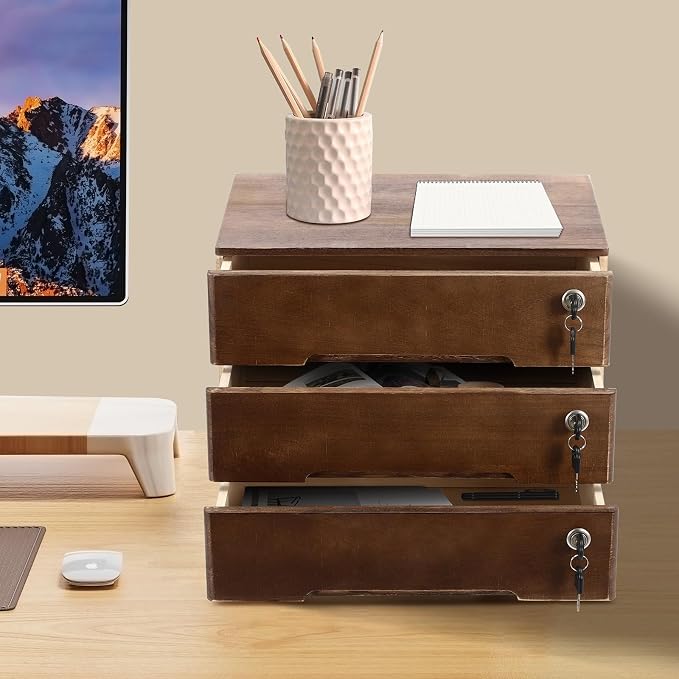 Wooden Storage Box with 3 Drawers, Vintage Office Supplies and Accessories Letter Tray, Wood Desktop School Supply Organizer, Library Card Catalog Cabinet, Rustic Jewelry Box with Lock