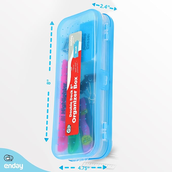 Enday Pencil Box Blue, Plastic Double Deck Pencil Case with 7 Compartments, Box Organizer with Snap Closure for Home and Office