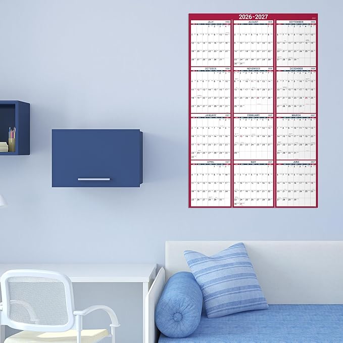 2026-2027 Yearly Wall Calendar - 2026-2027 Calendar, July 2026 - June 2027, 34.4" x 22.8"(Open), Yearly Wall Calendar 26-27, Vertical Layout, Double-Sided Round Stickers, Large Calendar - Red