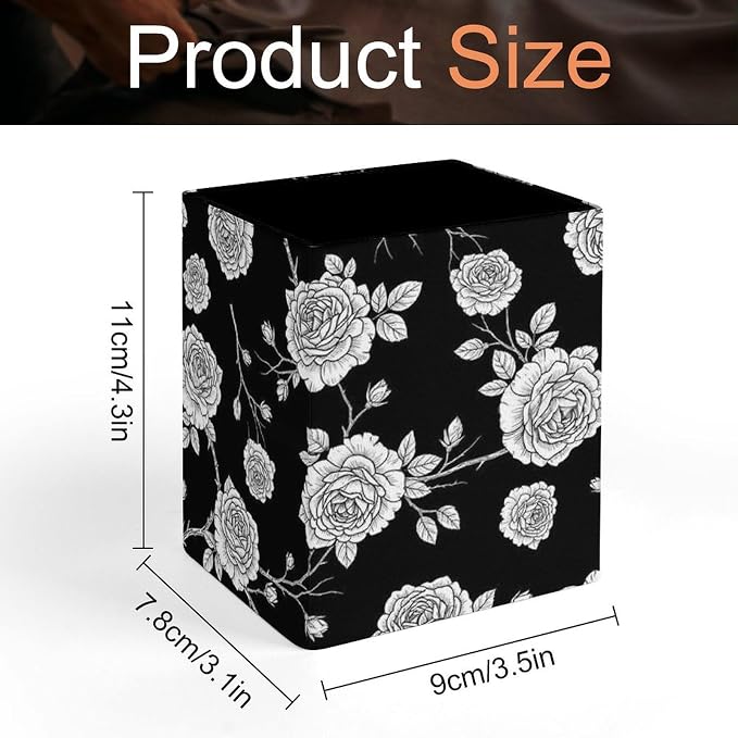 Pen Holder Square Leather Pencil, Holder Cup Makeup Brush Storage Organizer, Waterproof Multifunctional Office Supplies Black Roses Pattern