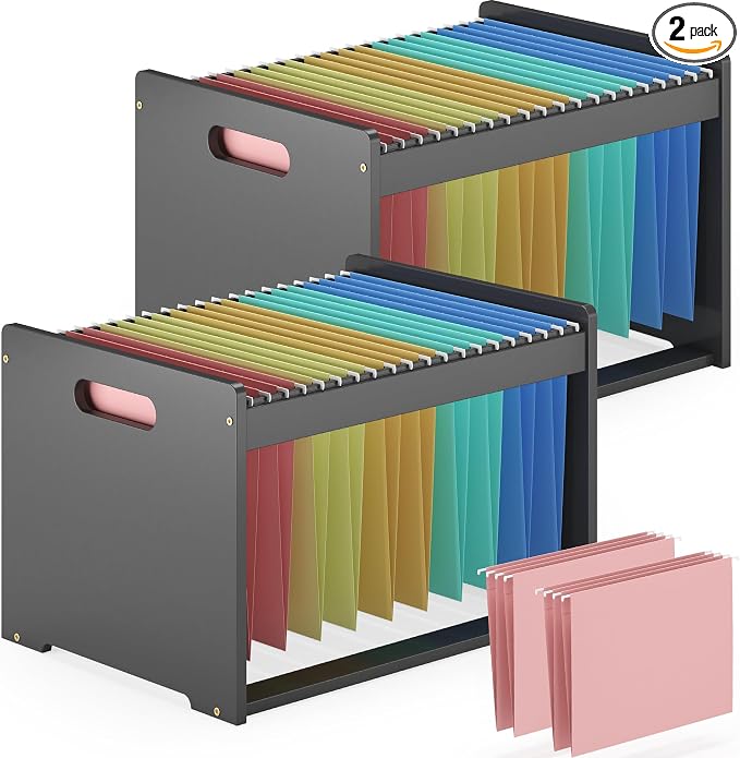 Hanging File Organizer Box for Letter Size, 2 Pack Bamboo File Folder Organizer, Storage Moving Boxes with Handle Wood Desk Filing Box for Office Banker Document