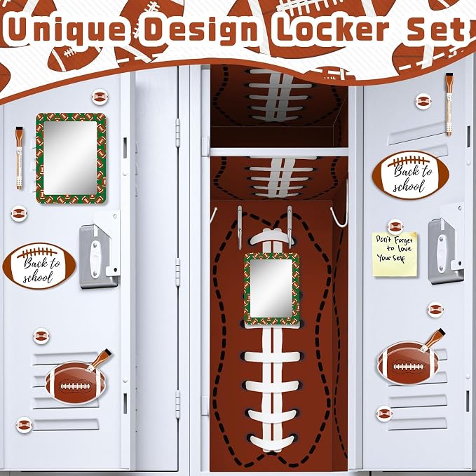 Demonwer 11 Pcs Locker Accessories Kit Rugby Themed Magnetic Whiteboard Mirror Pen Holder Rugby Stickers for Back to School Essentials Locker Decorations