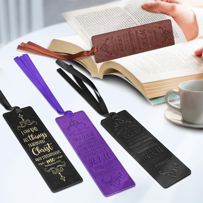 FINPAC Leather Bible Bookmarks, Vegan Religious Bookmarks, Bible Verse Book Markers Church Gifts for Women Men [Trust in The Lord with All Your Heart] - Gilded Black
