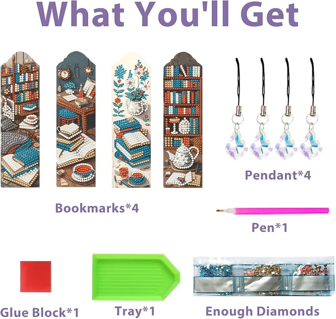 Book Diamond Art Bookmarks for Adults, 4 PCS Book Diamond Painting Bookmarks with Pendant, 5d Gem Art, Acrylic Bookmark Easy DIY Crafts for Books Decor Gift